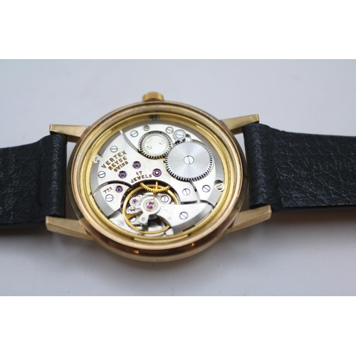 185 - Garrards 17 Jewel 9ct Gents wristwatch with engraved reverse 34mm case within original case