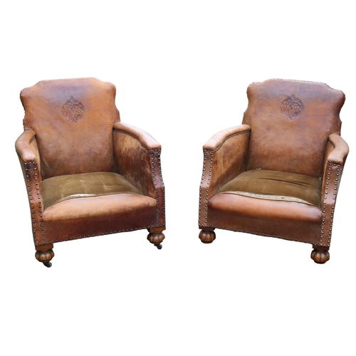 194 - Pair of French Arts & Crafts Leather Saloon club chairs with embossed floral & Butterfly motifs to b... 