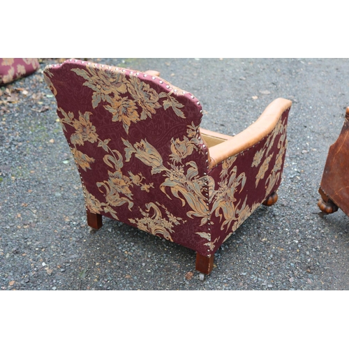 194 - Pair of French Arts & Crafts Leather Saloon club chairs with embossed floral & Butterfly motifs to b... 