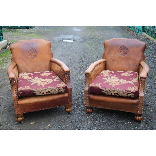 194 - Pair of French Arts & Crafts Leather Saloon club chairs with embossed floral & Butterfly motifs to b... 