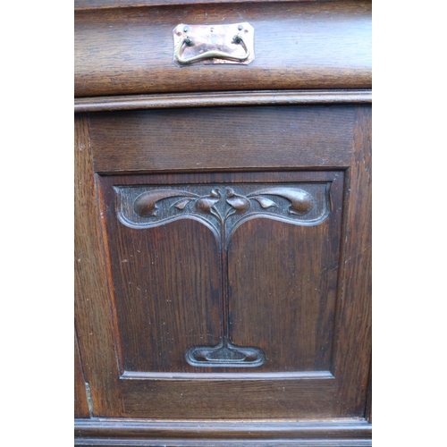 196 - Oak Art Nouveau Mirror backed Dresser with bevel edged mirror over Hammered copper drop handles and ... 