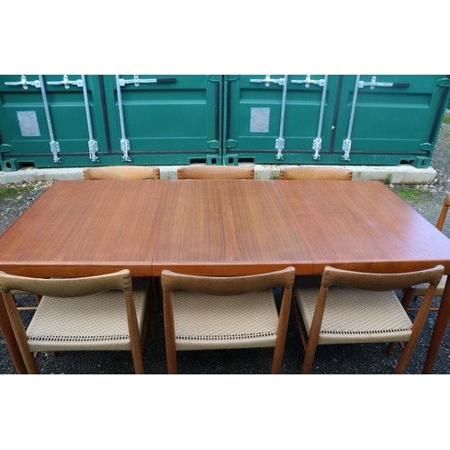 208 - Bramin Henry Klein Danish Teak Dining table with rounded inlaid corners and a set of Eight corded la... 