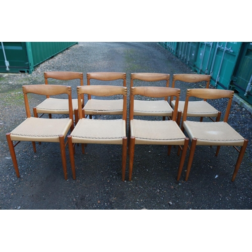 208 - Bramin Henry Klein Danish Teak Dining table with rounded inlaid corners and a set of Eight corded la... 