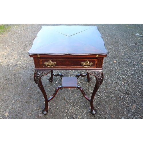 213 - Late 19thC Mahogany Envelope Games table with inset baize shaped top over single drawer with carved ... 