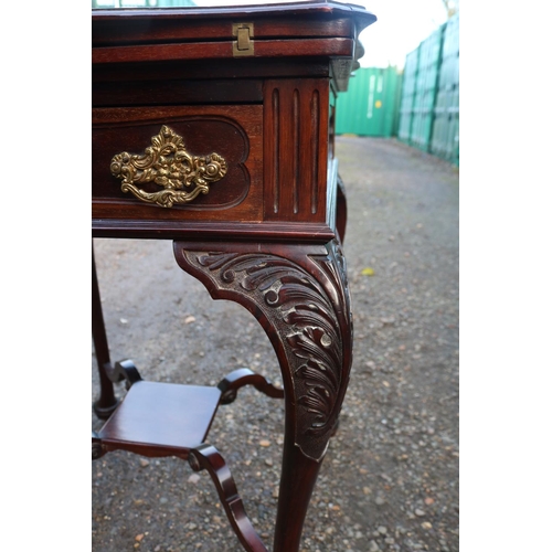 213 - Late 19thC Mahogany Envelope Games table with inset baize shaped top over single drawer with carved ... 