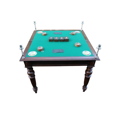 214 - Fine Edwardian Games table with cantilever base fitted interior with screw in candlesticks, money an... 