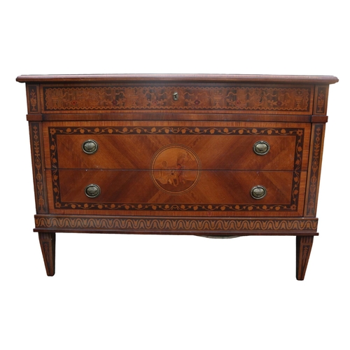 221 - Fine Annico Baggio Parquetry Kingwood Inlaid Commode of 3 drawers with Oval Brass drop handles suppo... 