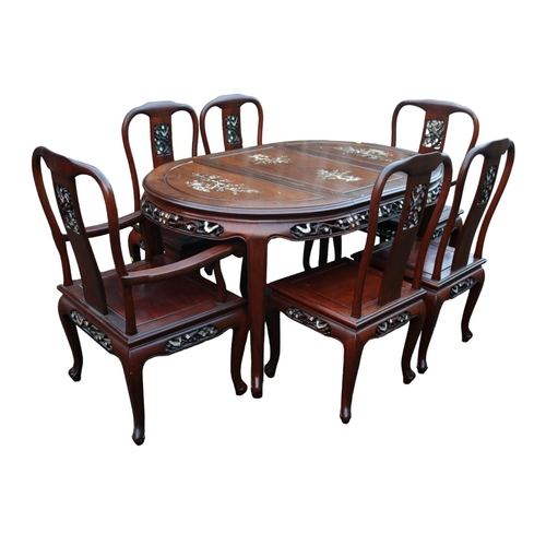 222 - Chinese Rosewood Mother of Pearl Inlaid Dining table with a set of 6 Temple style dining chairs. 150... 