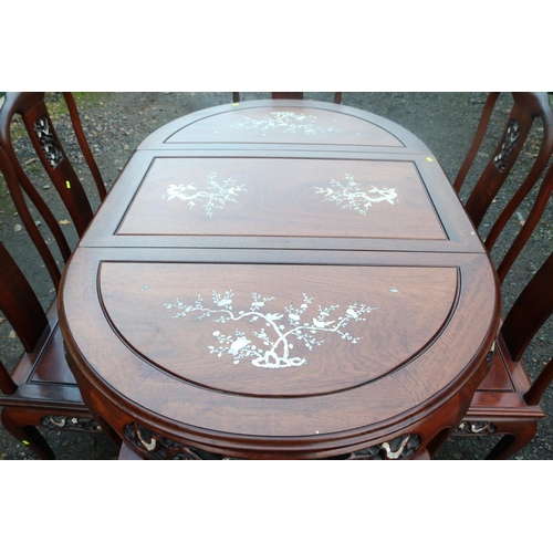 222 - Chinese Rosewood Mother of Pearl Inlaid Dining table with a set of 6 Temple style dining chairs. 150... 