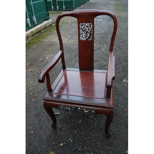 222 - Chinese Rosewood Mother of Pearl Inlaid Dining table with a set of 6 Temple style dining chairs. 150... 