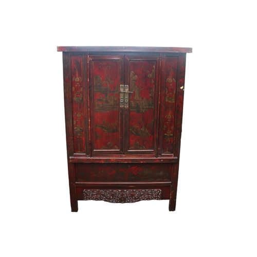 224 - Antique Chinese Chinoiserie Lacquered Armoire Shanxi type decorated with Temple scenes with Pierced ... 