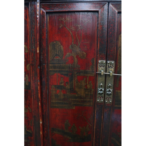 224 - Antique Chinese Chinoiserie Lacquered Armoire Shanxi type decorated with Temple scenes with Pierced ... 