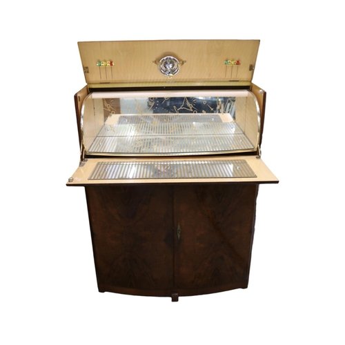 228 - Walnut 1950s art deco style drinks cabinet bar with mirrored glass fitted interior and acessories. 1... 