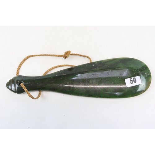 50 - Maori Short Club Mere Pounamu in greenstone/Nephrite jade. 26cm in Length on wooden carved stand