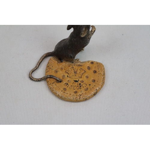 97 - Franz Bergmann (1861-1936). Cold Painted Bronze Mouse with Biscuit, stamped marks to base. 5.5cm in ... 