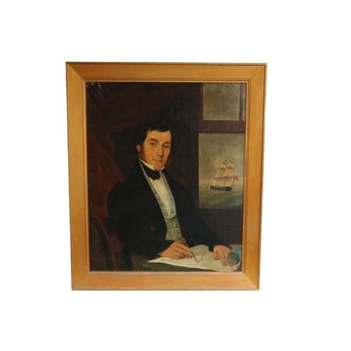 110 - Late 18thC Oil on canvas of a Maritime Gentleman with ship in the background displaying Naval Flag. ... 