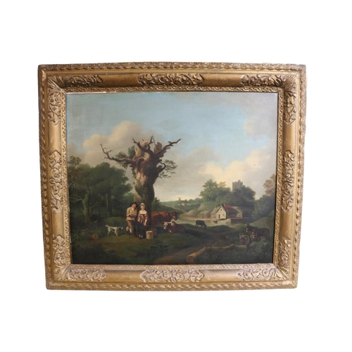 112 - 18thC Style Oil on canvas depicting a figural group in rural setting in the style of Gainsborough. 7... 