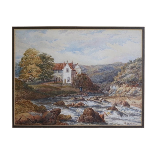 114 - Nineteenth century watercolour of a manor house in rural valley next to raging river, most likely in... 