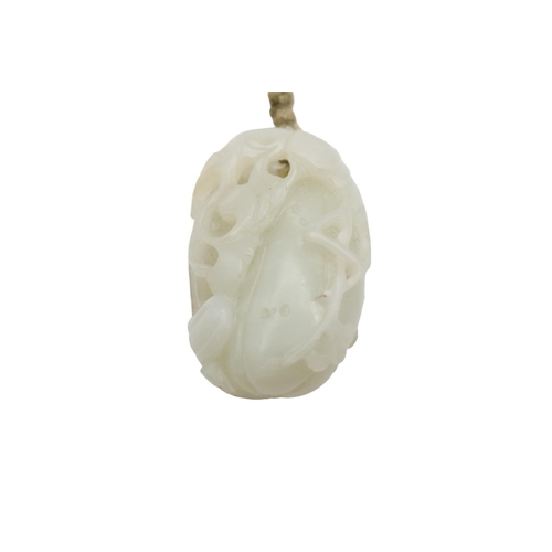 146 - Fine Antique Chinese Celadon Jade Oval Gourd Pendant Charm with carved Foliage mounted on braided st... 