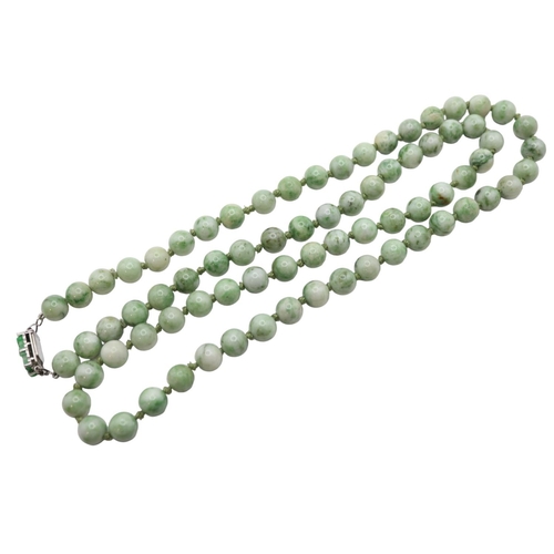 147 - Long Jade hand knotted Polished Green and Celadon Bead necklace on white metal clasp with carved Jad... 