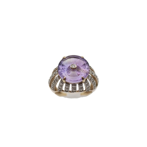 164 - Unusual art deco style design lehrer 9ct Gold Amethyst & Diamond Cocktail ring Size O. 5.3g total we... 