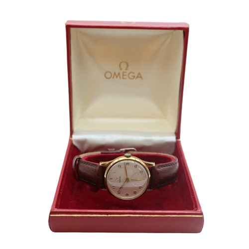 184 - Gents Omega 9ct with numeral dial on Brown Leather strap 32mm Case in fitted box