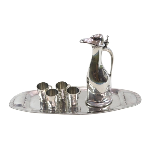 63 - Kayserzinn Art Deco Polished Pewter duck shaped Liquor set with 4 tot glasses on tray with impressed... 