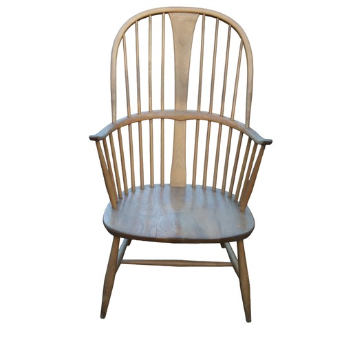 211 - Ercol Blonde Elm Windsor Elbow chair with curved arms over tapering legs with Light blue Label