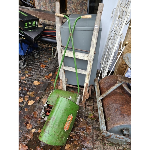 444 - Antique Sack Barrow and a Qualcast Superlite Panther mower