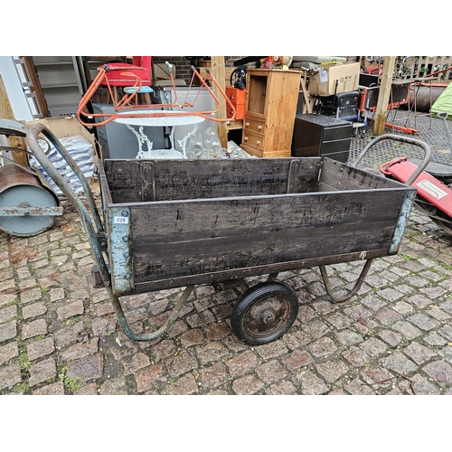 449 - Vintage Wooden and metal two handled garden puch along barrow and a Metal trolley