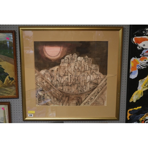 104 - Peter Nuttall. 1943-2011 Framed mixed media of a Castle scene dated 1982