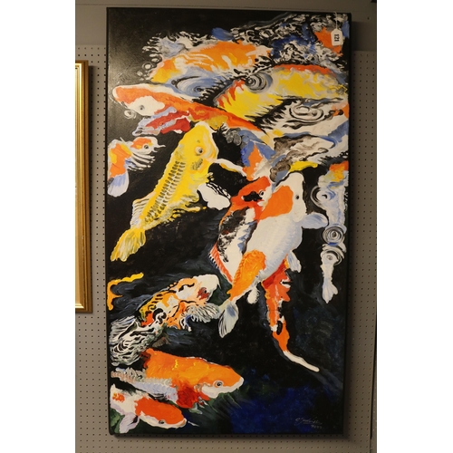 106 - Large unframed Oil on canvas of Koi Carp Clive Fredriksson signed and dated 2022 69 x 122cm