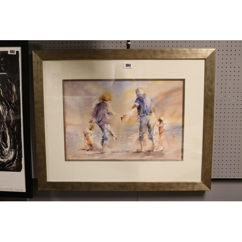 103 - Framed watercolour of Family on a beach scene signed indistinctly to bottom left