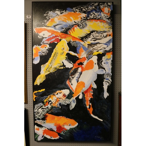 106 - Large unframed Oil on canvas of Koi Carp Clive Fredriksson signed and dated 2022 69 x 122cm