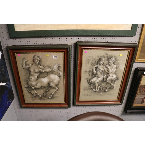 108 - Pair of Framed Charcoal and Chalk signed Emery depicting a Faun with woman and a Centaur 39 x 51cm