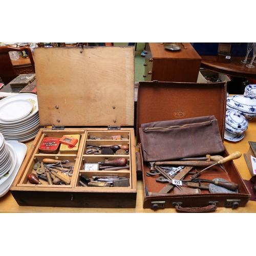 157 - Good Collection of Leather worker and Shoe makers tools and accessories in Wooden case and Leatheret... 