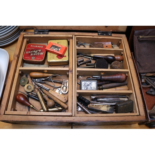 157 - Good Collection of Leather worker and Shoe makers tools and accessories in Wooden case and Leatheret... 