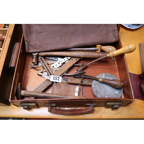 157 - Good Collection of Leather worker and Shoe makers tools and accessories in Wooden case and Leatheret... 