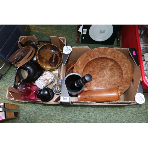 161 - 2 Boxes of assorted Bygones inc. Tim Stokes Burr Elm bowl, Roberts Radio, Doulton bowl etc