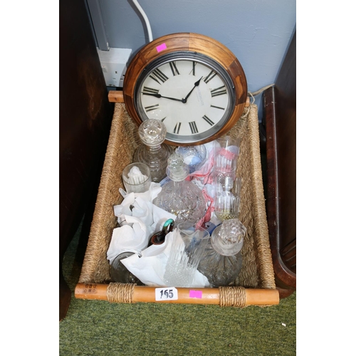 165 - Tray of assorted 19thC and Later glassware, Churchgate wall clock and a Glazed ewer