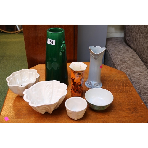 184 - Japanese Green glazed Vase, Burleigh ware ewer, 3 Jelly Moulds and assorted ceramics