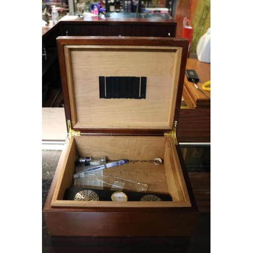 68 - Mahogany Inlaid Humidor with banded top with Hillsdale house Hydrometer to interior