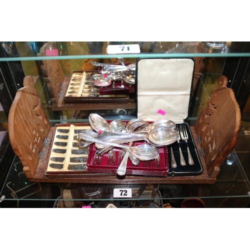 72 - Hardwood Indonesian extending bookstand and a collection of Silver plated Flatware