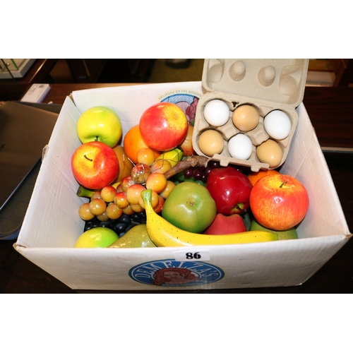 86 - Large box of assorted Faux display Fruit to include Apples, Grapes, Banana etc