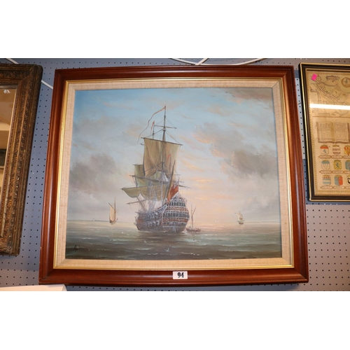 94 - Framed Oil on canvas of a Galleon by Ambrose