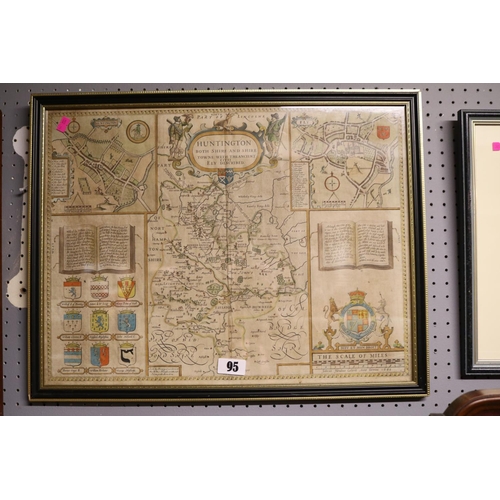 95 - Framed Hand Coloured Map Huntington depicting both shires with focus on Ely & Huntington by John Spe... 