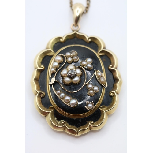 287 - Large Victorian Mourning Locket with black applied enamel, Seed pearl foliage and claw set Old Cut D... 