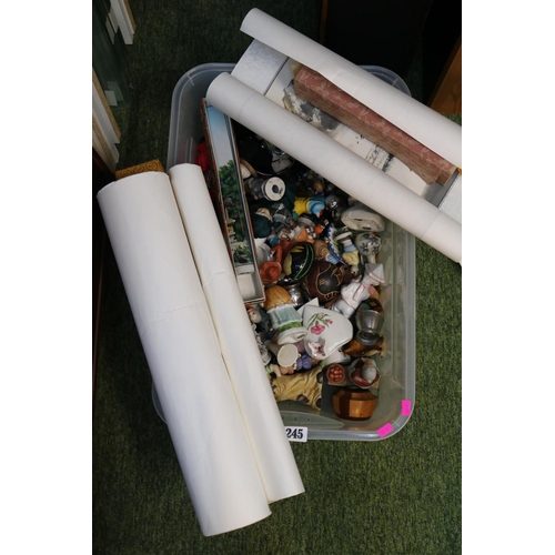 245 - Box of assorted Bygones and 3 Chinese scroll pictures