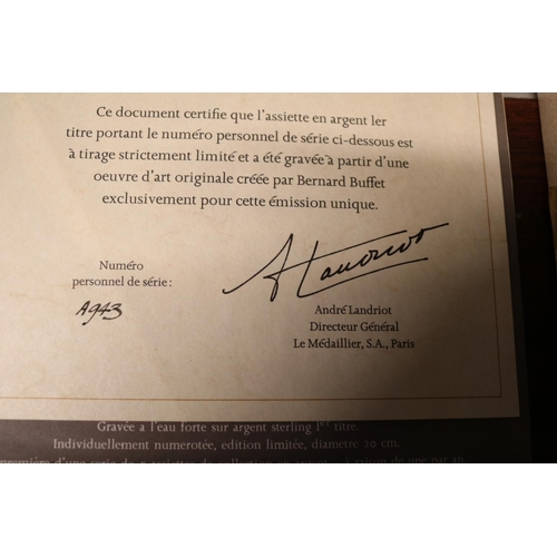 262 - Boxed Bernard Buffet 1973 La Gazelle Silver plate with certificates. 20cm in Diameter