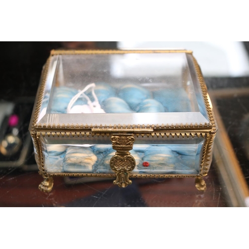 267 - 19thC Bijoux glass panelled Jewellery Casket with gilt metal fittings supported on paw feet 14cm in ... 